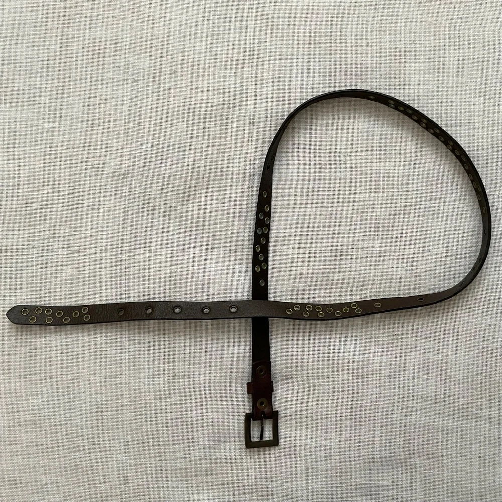 Brown Leather Boho Belt Blue Decorative Holes Size 31”-35”